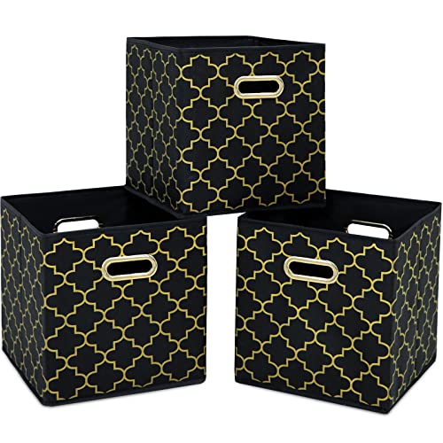Fabric Cloth Storage Bins,Fabric Cube Organizer with Dual Handles Foldable Cube Storage Baskets for Home Bedroom Storage,Set of 3,(Black Gold) - color: Black Gold, size: 3 Pack