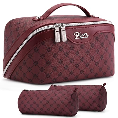 BOYATU Travel Makeup Bag Cosmetic Bags for Women: 3 Pcs Set Large Capacity Make up Bag with Handle - Vegan Leather Toiletry Bags with Compartments - Makeup Organizer for Travel Essentials(A-10-Red) - color: A-910-Red