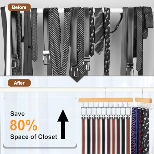 TOPIA HANGER 2 Pack 2 in 1 Belt Tie Hanger for Closet Max 60 Belts with 60 Ties Capacity, 20 Hooks Belt Tie Racks Wooden Hanger for Closet Organizer Space Saving “U” Fit Belt and “一” Fit Tie - CT59N - color: Natural-2 Pack