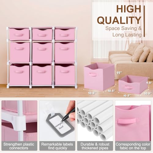 9 Cube Storage Organizer Shelf with Storage Bins and Label, 11 Inch Toy Cube Bins Clothes Closet Organizers Drawers Fabric Dresser for Living Room, Bedroom, Playroom, Dorm(Pink) - color: Pink