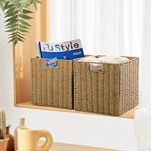 Vagusicc Wicker Baskets, Set of 2 Hand-Woven Storage Baskets for Shelves with Handles, Foldable Cube Wicker Storage Basket Bins Organizer 13 Inches Large Woven Baskets for Storage Organizing & Decor - color: Natural, size: 13'' x 13'' x 13''