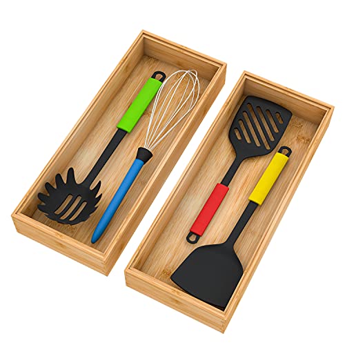 Drawer Organizer Storage Box Kitchen - Wood Stackable Tray Utensil Organizer for Office Drawers,Cabinets,Shelves,Pantry,or Bathroom Counter,Drawer Dividers for Silverware Set of 2（15x6x2.5inch） - size: 15x6x2.5inch