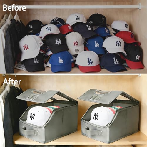 2 Pcs Stackable Baseball Cap Organizer, Washable Foldable Oxford Cloth, Smooth Durable Metal Zipper Hat Storage Holder for Closet, Holds 24 Caps with Large Clear Window, Hat Box for Home Storage - size: Small:12.1X8.7X6.7in