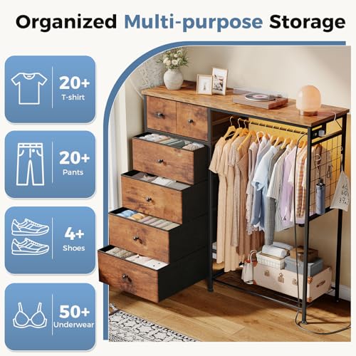 DUMOS Dresser for Bedroom with Hanging Rack, 6 Drawer Fabric Dresser with Charging Station and LED Lights, Closet Organizer & Storage Tower for Living Room, Entryway, Apartment, Rustic Brown - color: Brown, size: 15.8"D x 47.2"W x 49.2"H (6 Drawers)
