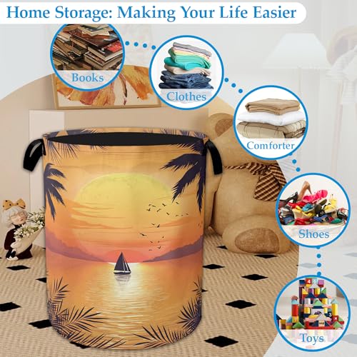 Tropical Palm Laundry Basket,Sunset Sea Beach Laundry Hamper, Collapsible Clothes Toy Storage Bin for Bathroom Bedroom Room Decor 16" X 20.8" - color: Tropical Palm