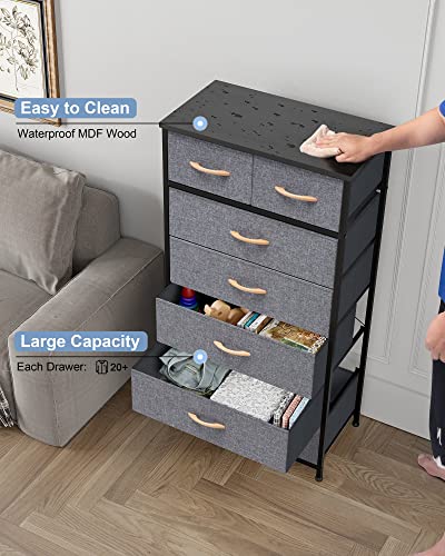 Crestlive Products Vertical Dresser Storage Tower - Sturdy Steel Frame, Wood Top, Easy Pull Fabric Bins, Wood Handles - Organizer Unit for Bedroom, Hallway, Entryway, Closets - 7 Drawers (Grey) - color: Grey, style: 7 Drawers
