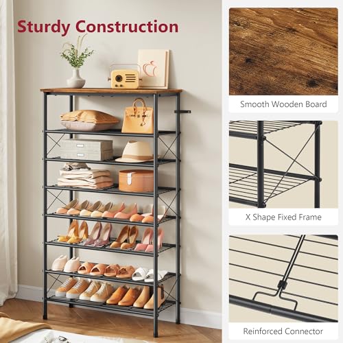 Tajsoon 8 Tier Free Standing Shoe Rack for 28-32 Pairs, X Shape Fixed Frame Metal Mesh Shoe Rack for Closet, Rustic Brown & Black - color: Rustic Brown & Black, size: 8-Tier