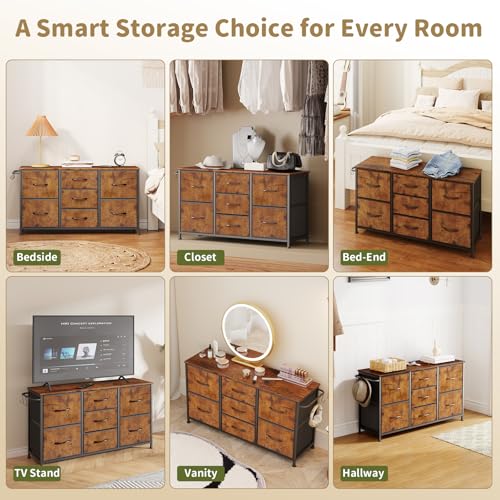 Fabric Dresser for Bedroom, Small Dressers for Kids Bedroom, 7 Drawers Dresser for Closet, Storage Organizer Chest of Drawers for Nursery, Dorm, Apartment, TV Stand, Wood Top, Side Hook (Rustic Brown) - color: Rustic Brown, size: 11.8"D x 39.4"W x 21.7"H