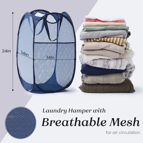 Collapsible Pop Up Laundry Basket, Hamper with Sturdy Handles and Side Pocket - Mesh Portable Foldable Dirty Clothes Hamper for Dorm, Laundry room, Bathroom and Travel Storage, Navy Blue - color: Blue, size: 1 Pack