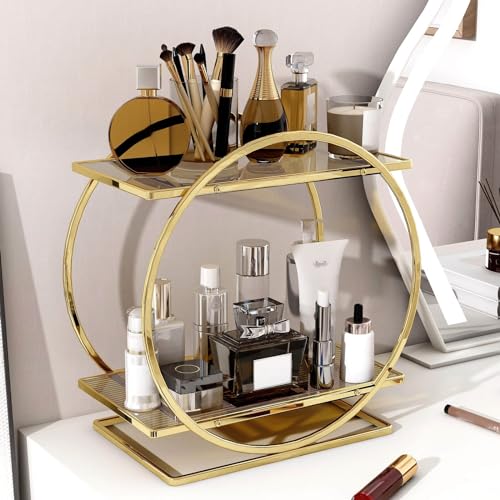 Perfume Organizer for Dresser, 2 Tier Bathroom Counter Organizers and Storage, Gold Makeup Organizer for Vanity, Bathroom Accessories & Decor, Skincare Perfume Trays Cosmetic Display Holder - color: Gold