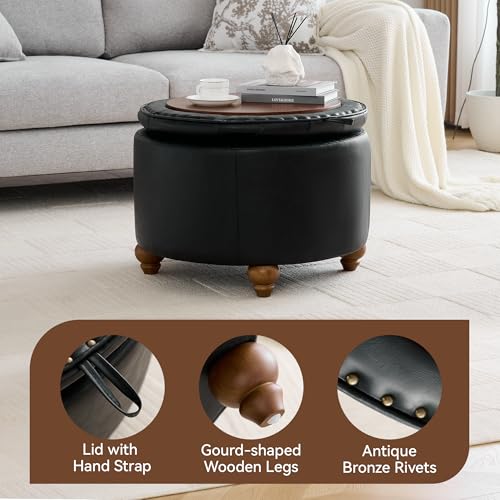 WUTUTUEE 24Inch Round Storage Ottoman with Tray, Modern Tufted Leather Circle Coffee Table with Storage, Upholstered Ottoman with Removable Top for Living Room, Bedroom, Leather Black - color: Leather Black, size: 24 Inch