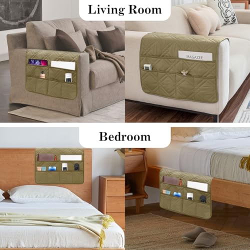 Couch Armrest Organizer Remote Control Holder Bedside Caddy with 6 Pockets, Non-Slip Armchair Caddy Sofa Armrest Organizer for Tv Remote Control, Magazine, Cell Phone, Dark Khaki