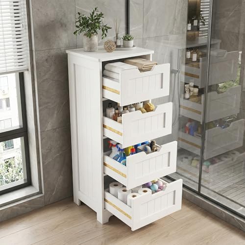 Casaphoria Skinny Bathroom Floor Storage Cabinet, 4-Drawer Narrow Freestanding Tower Cabinet with Anti-Tip Kit, Space-Saving Wooden Organizer for Small Spaces, White - size: 11.81"L×11.81"W×32.68"H