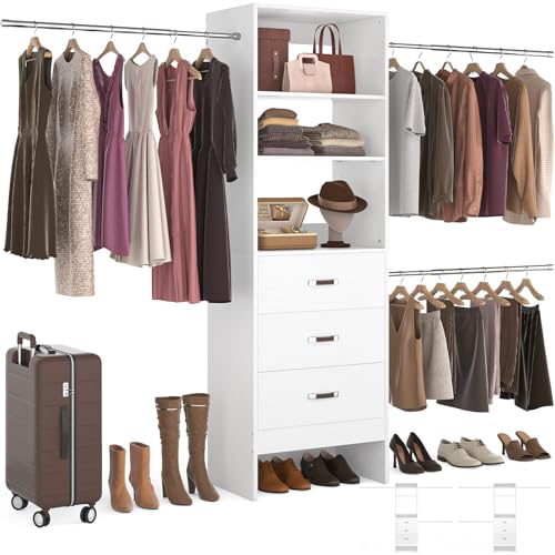 Homieasy 96 Inches Closet Organizer System, 8FT Customizable Walk In Closet Organizer with Hanging Rods, 3 Drawers Garment Rack with Leather Handle , 96" L x 16" W x 75" H, Max Load 1000 LBS, White - color: White