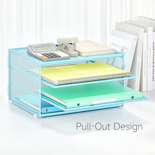 Lavatino 3-Tier Letter Tray Desk Paper Organizer – Blue Mesh Metal File Tray Organizer for Desk, Office Supplies & Home Organization | Fits A4/Letter Paper, Mail, Magazines and Office Accessories - color: 4-tier No Handle - Blue