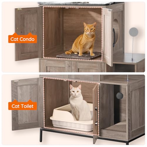 HOOBRO Cat Litter Box Enclosure Furniture, 2 in 1 Hidden Litter Box Furniture with Shelf, Double Litter Box Cabinet with 2 Dangling Plush Balls and 1 Toy Ball, Greige and Black BG78MW01 - color: Greige