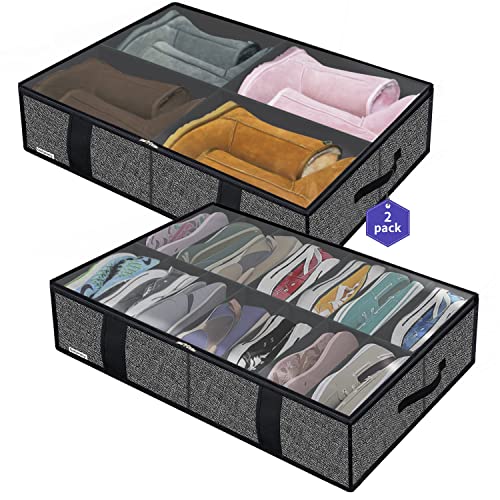 Onlyeasy 2 Pack Under Bed Shoes Storage Bag Organizer (14+4 Pairs), Collapsible Shoe Boot Container with Handles, Underbed Storage Solution for Kids & Adults, 86x60x15cm, Linen-like Black, MXAUBS14S4 - color: 1 Boots 1 Shoes (14+4 Cells) Linen-like Black