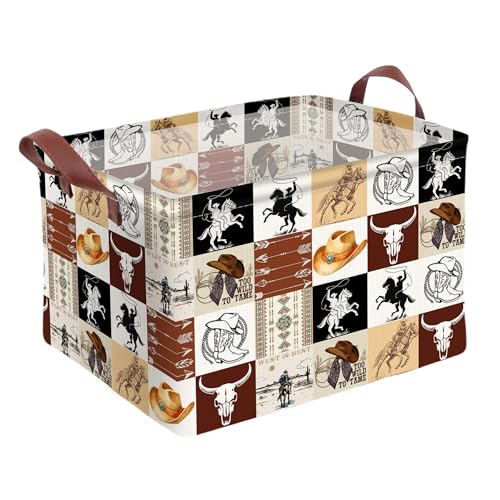 Western Cowboy Storage Basket Waterproof Canvas Toy Storage Bin Western Home Decor Collapsible Outdoor Basket with Leather Handles Western Decor Blanket Baskets For Closets,Bedrooms,Gifts Baskets - color: Western Cowboy