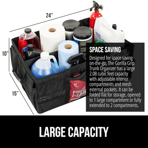 GORILLA GRIP Trunk Organizer for SUV and Cars, Large Capacity Collapsible Car Trunk Storage Organizer, Heavy Duty Car Accessories, Gifts for Mom and Dad, Slip & Water Resistant Multi Compartment Black - color: Black