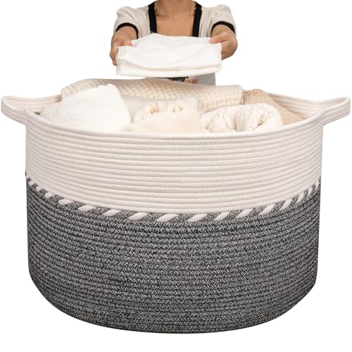 OIAHOMY 125L Extra Large Blanket Basket, 25" x 16", Jumbo Laundry Hamper, Cotton Rope Basket with Handles,Baby Toy Storage Bins,Black - color: Black, size: 25" x 25" x 16"