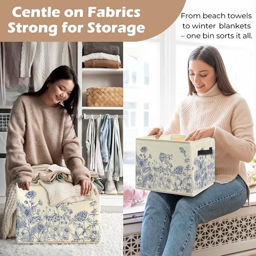 Blue and White Floral Storage Bin Box with Handles, Vintage French Country Toile Flower Foldable Linen Fabric Laundry Basket for Home Bedroom Bathroom Clothes Toys Books - color: Floral-H