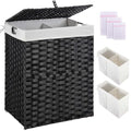 Greenstell Laundry Hamper with 2 Removable Liner Bags, Foldable Divided Clothes Hamper, 90L Handwoven Synthetic Rattan Laundry Basket with Lid and Handles, Easy to Install Black 18.3x13.3x24 Inches - color: Black, size: 90L (18.3x13.3x24.0 Inches)