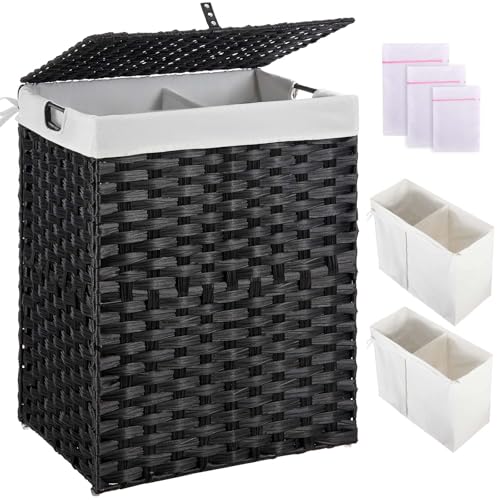 Greenstell Laundry Hamper with 2 Removable Liner Bags, Foldable Divided Clothes Hamper, 90L Handwoven Synthetic Rattan Laundry Basket with Lid and Handles, Easy to Install Black 18.3x13.3x24 Inches - color: Black, size: 90L (18.3x13.3x24.0 Inches)