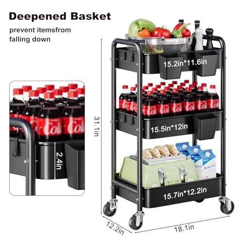 3 Tier Rolling Cart Metal with Wheels, Black Three Tiered Art Cart Organizer on Wheels, Storage Utility Trolley Carts for Kithcen, Craft, Nail, Lash, Makeup, Salon,Bedside, Bathroom, Office, Snack - color: Matte Black, size: 3-Tier + Cups + Hooks