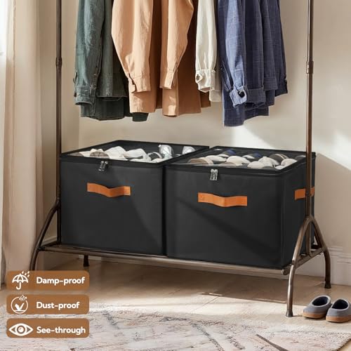VZZNN 2 Pack Shoe Organizer for Closet, Foldable Shoe Storage Bins with Clear Cover and Adjustable Dividers, Fits up to 16 Pairs, Large Shoe Box Storage Containers with Reinforced Handles (Black) - color: Black