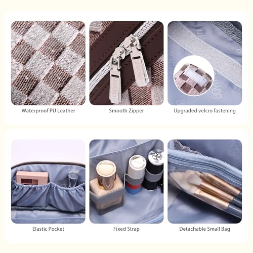 BOYATU Travel Makeup Bag for Women: Large Cosmetic Bag Set of 3 - PU Leather Make up Bag with Compartments - Compact Waterproof Toiletry Bag with Divider & Handle (D-3-Brown) - color: D-3-Brown
