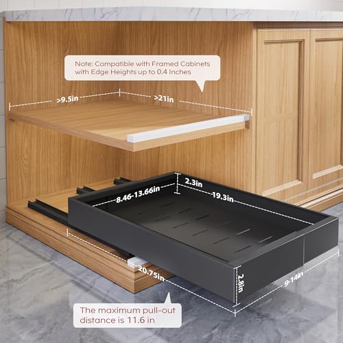 Seinloes 2 Pack Pull Out Cabinet Organizers 21" Deep With Raising Pad for Framed Cabinets, Expandable Width (9"-14") Slide Out Drawers Upgrade 3 Slide Rails, Roll Out Shelves Adhesive, Black - color: Black, size: 9"-14"Wide x 21"Deep(2 Pack)