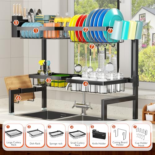 YKLSLH 4 Baskets Over The Sink Dish Drying Rack, Extendable Large Capacity Sink Rack, Metal Drying Rack Saving Space,for Most Sinks (26.57"-35") - color: Black, size: 2 tiers 4 baskets