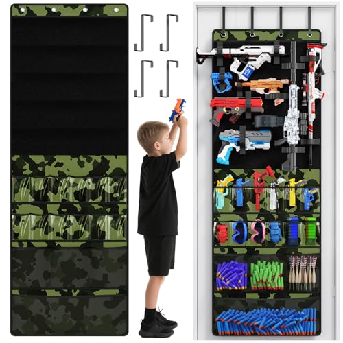 Mefirt Over the Door Organizer for Toy Guns, Toy Gun Storage Organizer with Pockets and Slots for Kids Foam Blasters, Darts, Goggles, Over Door Toy Storage Hanger for Kids Rooms, Game Rooms, Green - color: Green