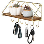 MyGift 12.5 Inch Burnt Solid Wood Hanging Display Shelf and Key Holder Rack, Wall Mounted Entryway Organizer with Brass Tone Metal Wire Chevron Design 6 Hooks
