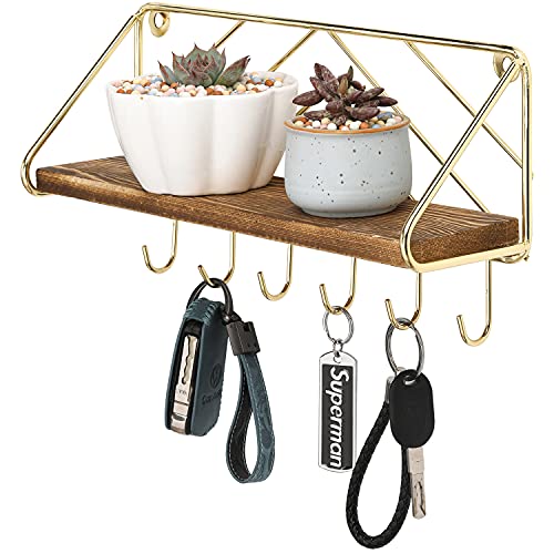 MyGift 12.5 Inch Burnt Solid Wood Hanging Display Shelf and Key Holder Rack, Wall Mounted Entryway Organizer with Brass Tone Metal Wire Chevron Design 6 Hooks
