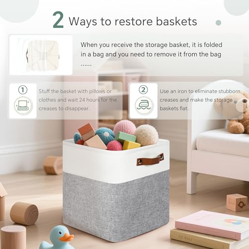 FinishingBo Cube Storage Baskets 6 Pack, 11x11 inch Cube Storage Bins with Leather Handles for Shelf Closet (White/ Gray) - color: White/ Gray