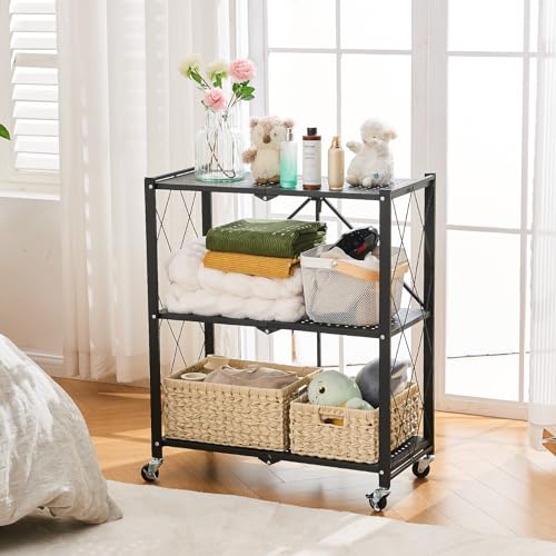 BRIAN & DANY 3-Tier Foldable Storage Shelves with Wheels, No Assembly Folding Shelf Metal Rack, Shelving Unit for Kitchen, Garage, Black - color: Black, size: 3-tier