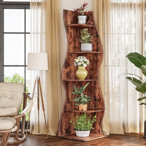 LITTLE TREE 70-Inch Corner Shelf, Seaweed Shaped Etagere Display Bookshelf, Freestanding 5-Tier Wall Shelves for Small Spaces, Living Room, Bedroom, Rustic, 1 Pack - color: Rustic, size: 1 Pack