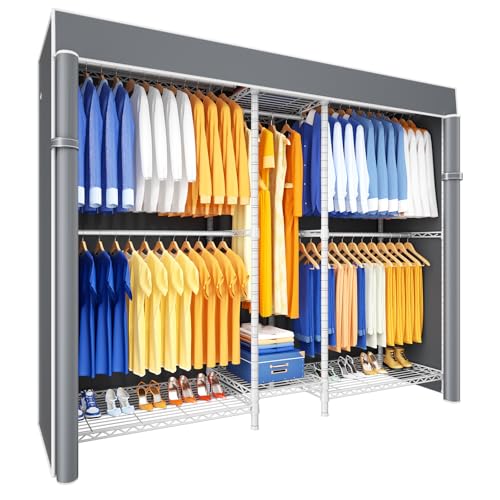 Ulif E12C Pro Heavy Duty Closet Organizer System，Freestanding Clothing Racks for Hanging Clothes，Adjustable Garment Rack 71"W x 16"D x 76.5"H Hold 960lbs，White Clothing Rack with Grey Dustproof Cover - color: White Rack With Grey Cover, size: E12C Pro