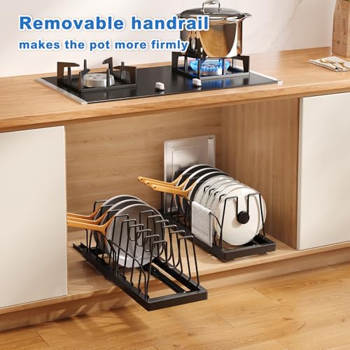 Mustorn Pots and Pans Organizer Under Cabinet, 21.6" Deep Pull Out Pot Lid Organizer Holder with Guardrail Adhesive Pot and Pan Holder Rack with 10 Adjustable Dividers-1 Pack(Black) - color: Black, size: 1 Pack