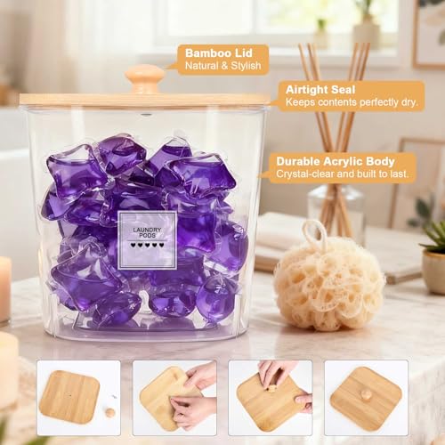 4 Pack Laundry Pods Container and Dryer Sheet Holder with Bamboo Lids, Laundry Room Organization Set with Labels and Scoops for Detergent Powder, Scent Booster Beads, 2600 +2000ml/0.53+0.7gal