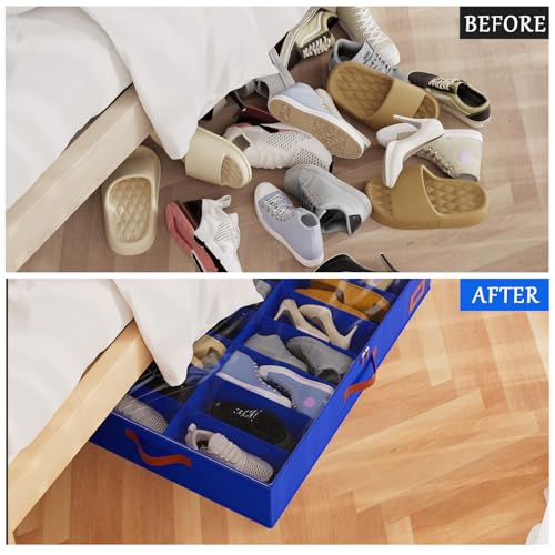 homyfort Under Bed Shoe Storage Organizer, Underbed Shoes Storage Containers, set of 2, fits up to 32 Pairs of Shoes (Blue) - color: Blue