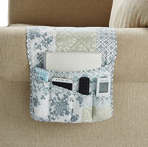Brilliant Sunshine Multi Blue and Beige Floral Patchwork Couch Armrest 5 Pockets Organizer, Slip Resistant Armchair Caddy, Washable Remote Controls Holder, Storage for Magazine, iPad, 35×13", Blue - color: Light Blue