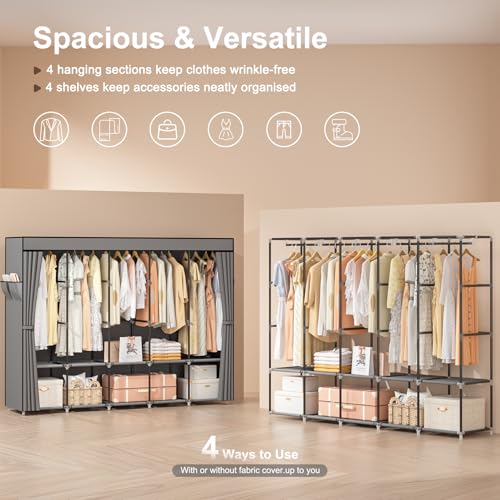 Neatrays Portable Closets for Hanging Clothes, 83 Inch Large Capacity Wardrobe Closet, Freestanding Armario De Ropa Closet with Cover & 5 Hanging Rods & 10 Storage Shelves (Grey) - color: Grey, size: 5 Row - 83"Wide