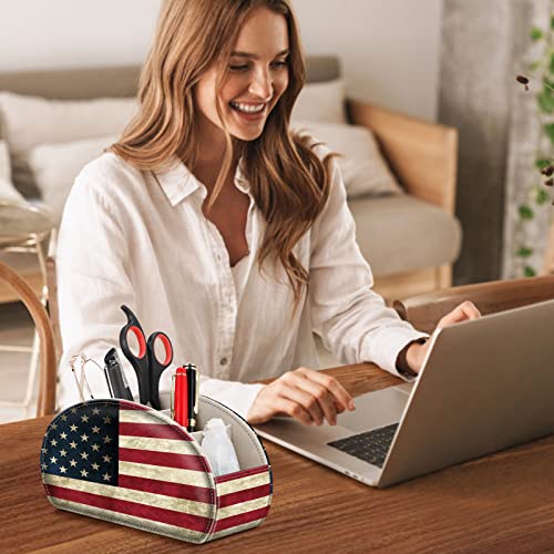 FINTIE Remote Control Holder, 5 Compartments Vegan Leather TV Remoter Caddy Desktop Organizer Makeup Brush Holder Storage Fits TV Remotes, Media Controllers, Office Supplies(US Flag) - color: US Flag