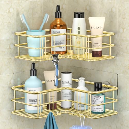 Menbyci 2 Pack Corner Shower Caddy, Adhesive Bathroom Shelf with 8 Hooks, Rustproof Stainless Steel Bathroom Organizer, No Drilling Shower Shelves Basket Wall Storage Rack Shampoo Holder (Gold) - color: Gold, size: 2 packs