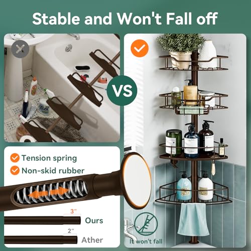 Corner Shower Caddy Tension Pole, 4 Tier Rustproof Shower Tension Rod Organizer, Adjustable 25-125 Inch Bathroom Shower Organizer Shelves for Bathtub Shampoo Storage, Brown - color: Brown