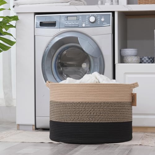 COMFY-HOMI XXXL Large Laundry Basket, Cotton Rope Nursery Woven Basket for Storage, Blanket Baskets Living Room Laundry Hamper, Dog Toy Storage Organizer, Home Decor-21''x21''x13.6''-Jute and Black - color: black/camel