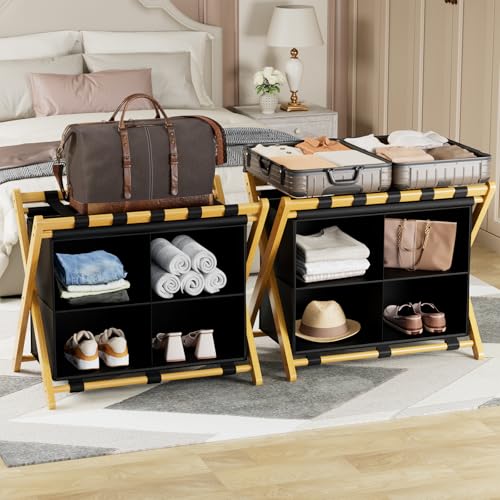 Folding Luggage Rack, 2-Pack Natural Bamboo Suitcase Stands with 4 Storage Compartments , Sturdy Luggage Holders for Guest Room, Bedroom, Hotel - color: Natural 2 Pcs