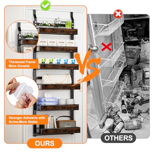 6 Tier Over The Door Pantry Orangizer 2 IN 1 Wall Mounted or Hanging Spice Rack with Adjustable Wood Basket,Heavy Duty Seasoning Storage Shelf for Kitchen Pantry and Bathroom - color: Black-Wood, size: 6 Tiers